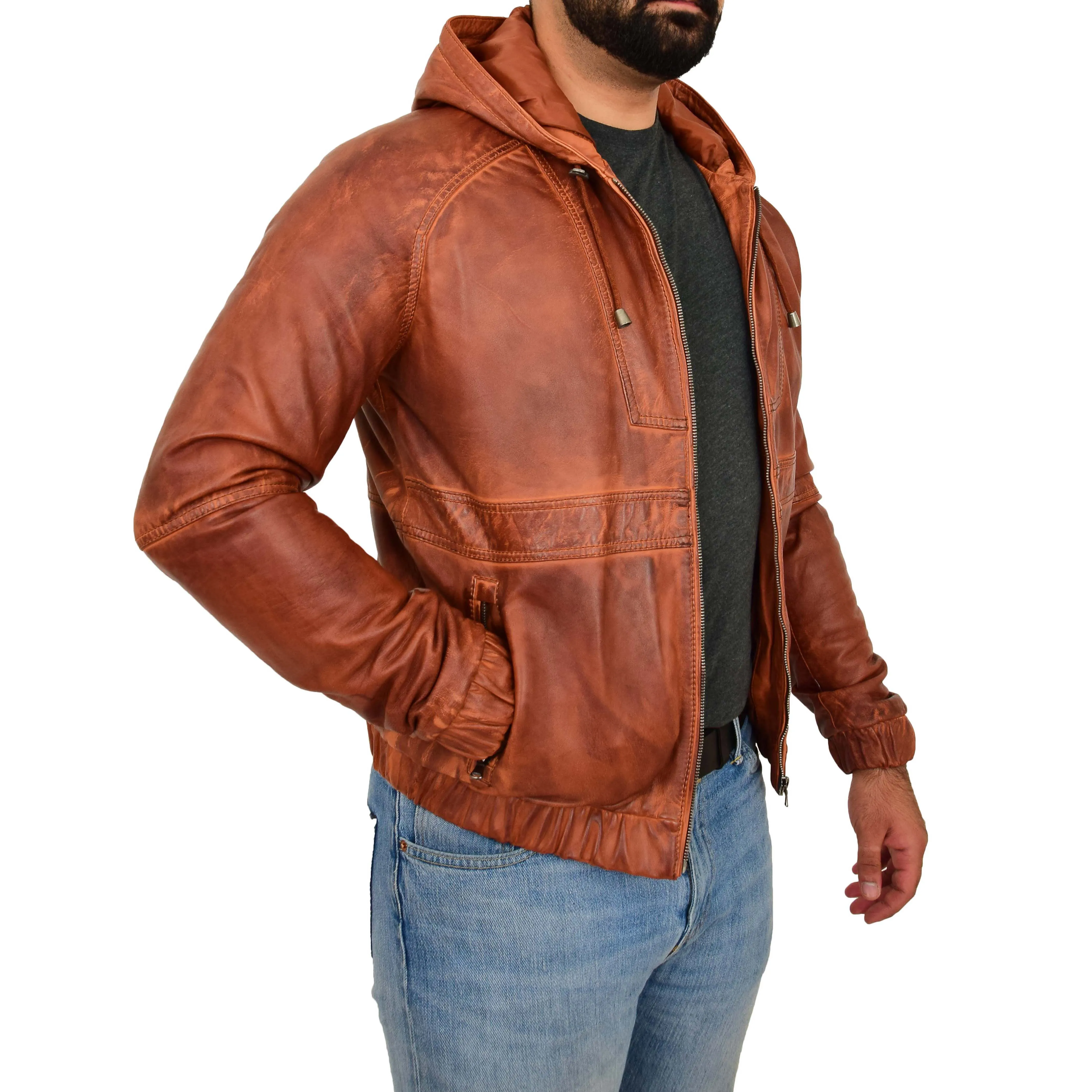 Mens Real Leather Bomber Jacket Hooded Two Tone Kent Tan