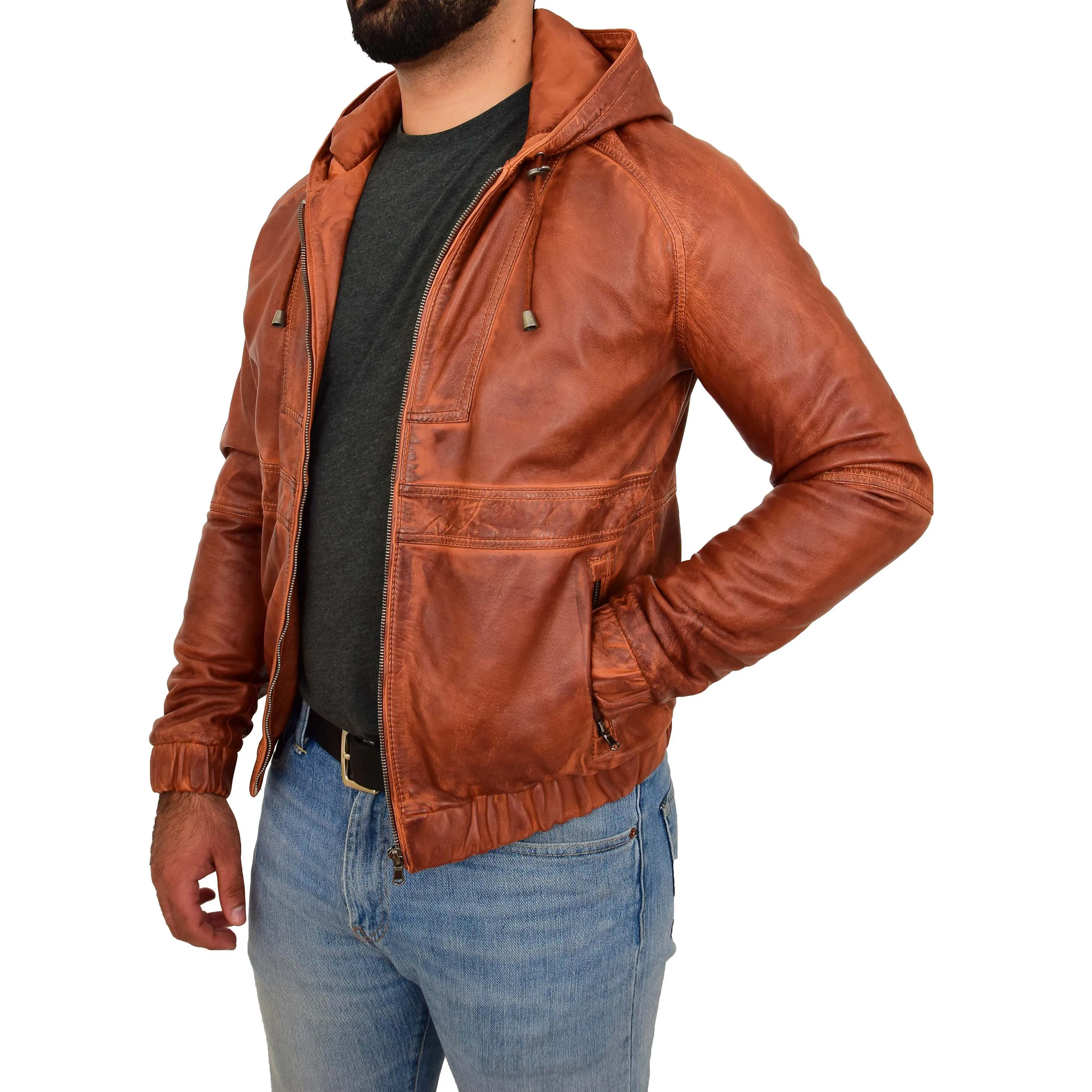 Mens Real Leather Bomber Jacket Hooded Two Tone Kent Tan