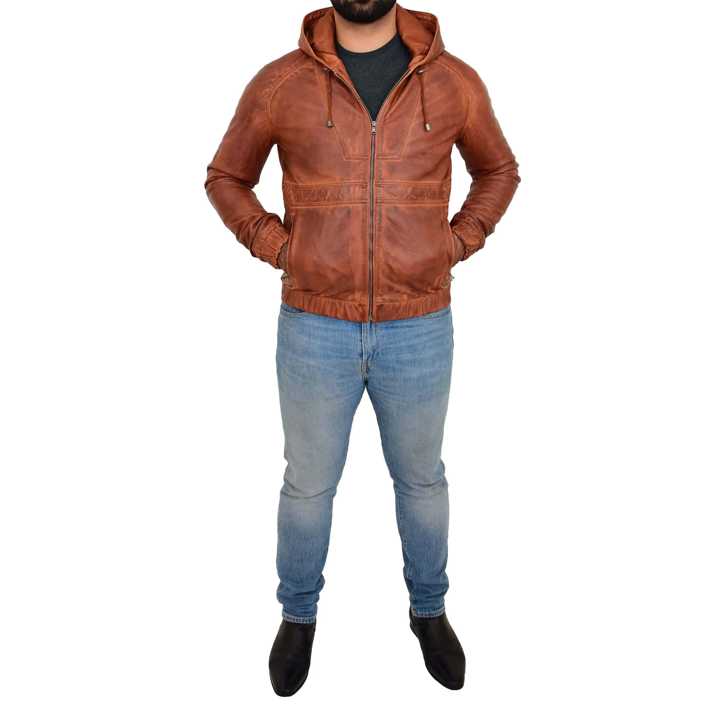 Mens Real Leather Bomber Jacket Hooded Two Tone Kent Tan