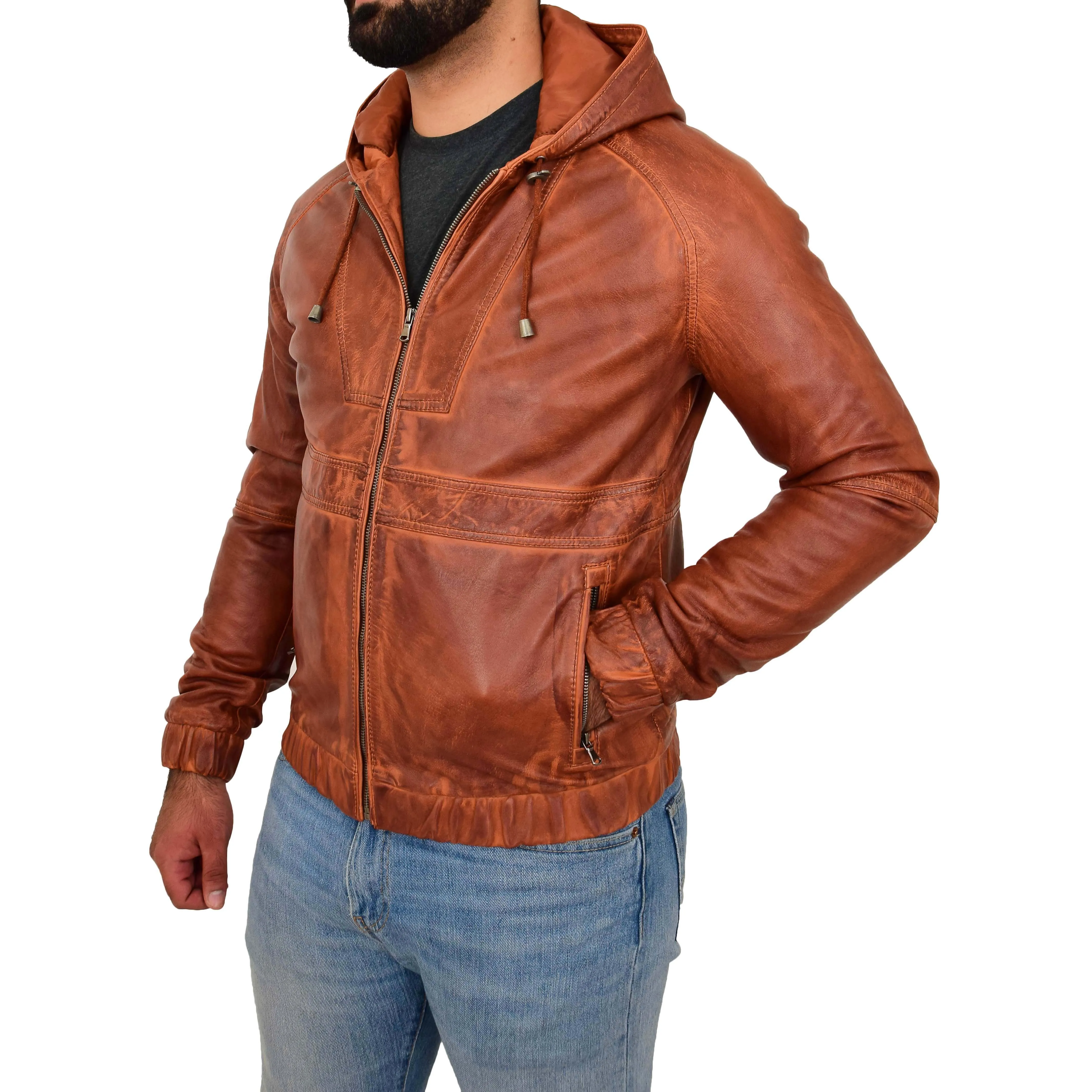 Mens Real Leather Bomber Jacket Hooded Two Tone Kent Tan