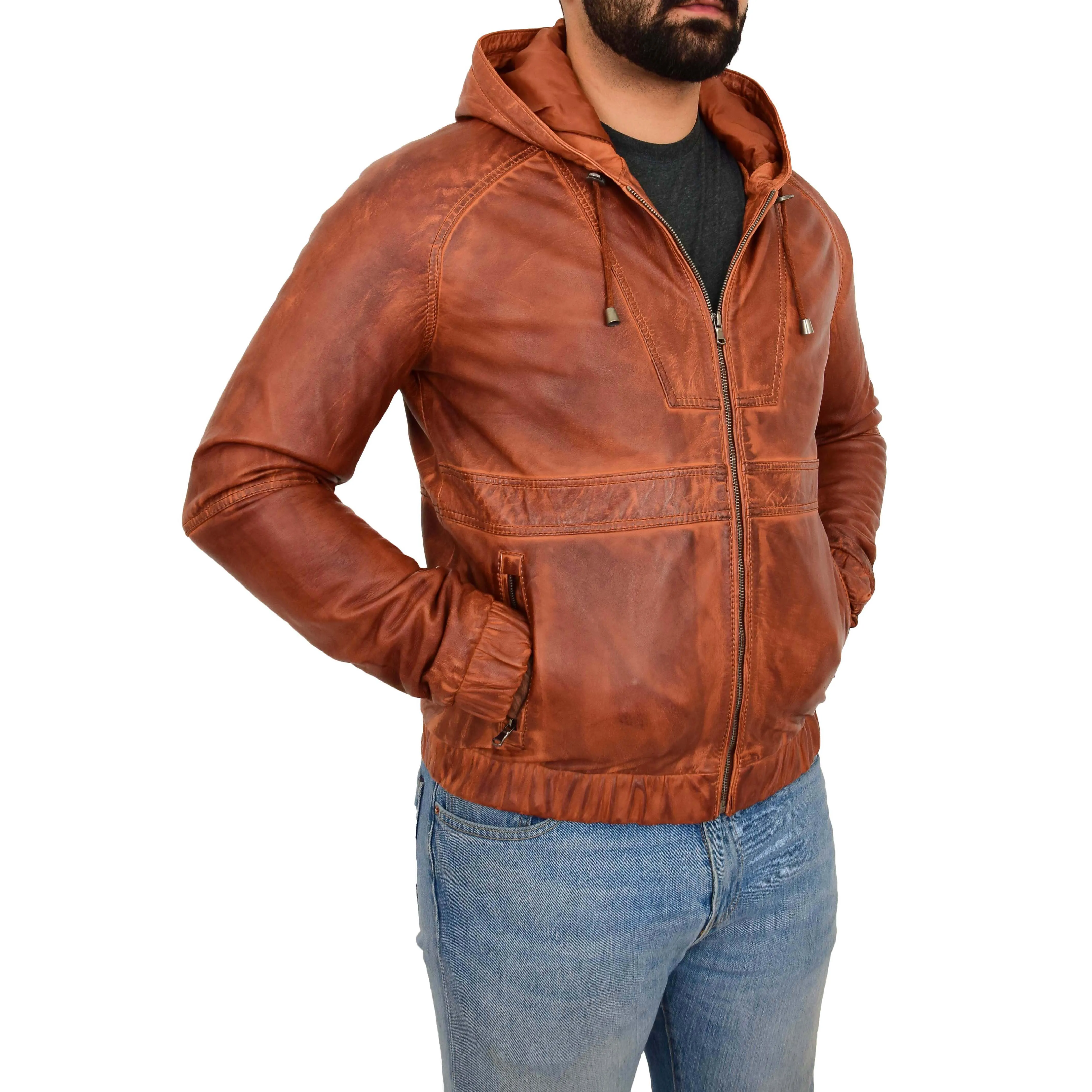 Mens Real Leather Bomber Jacket Hooded Two Tone Kent Tan