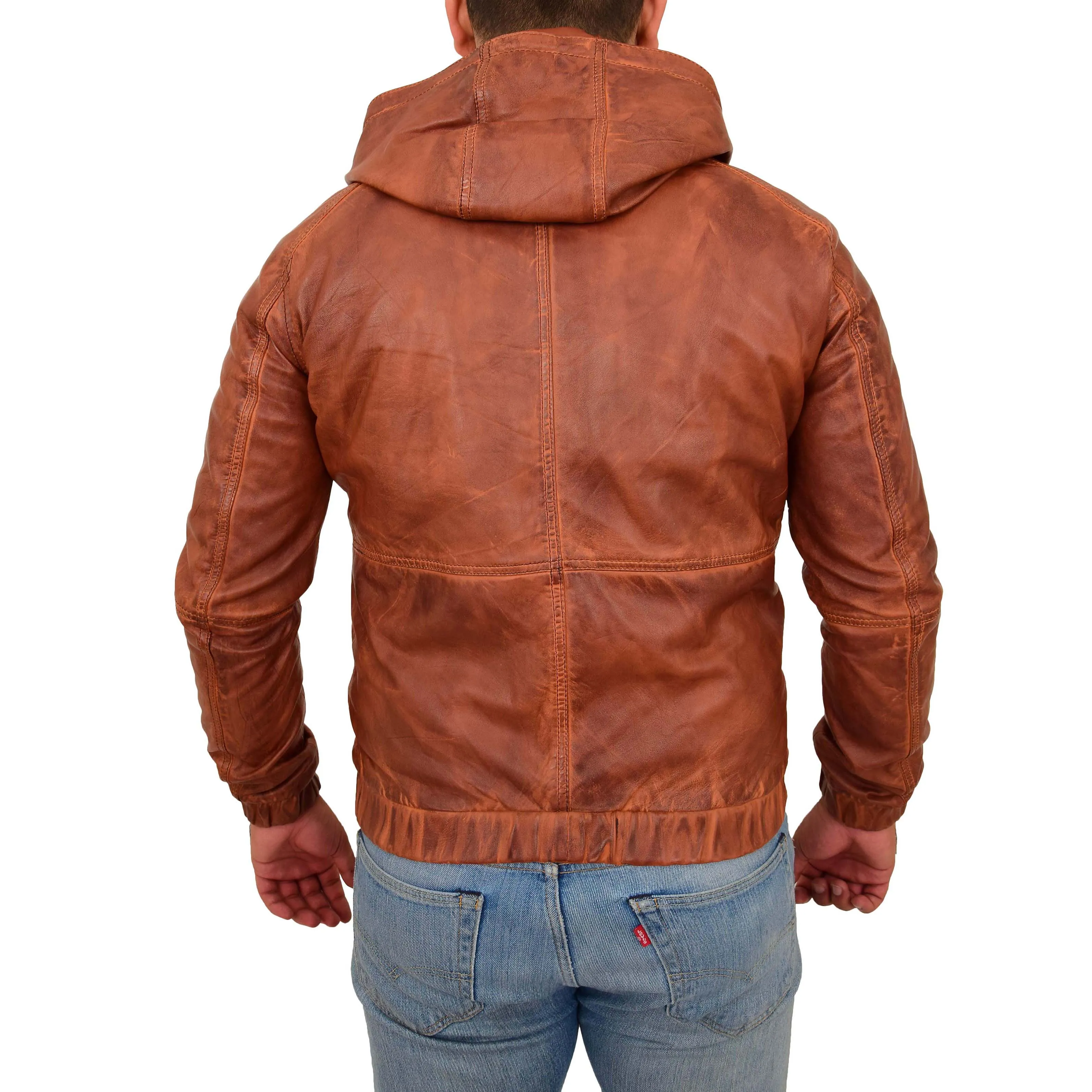 Mens Real Leather Bomber Jacket Hooded Two Tone Kent Tan