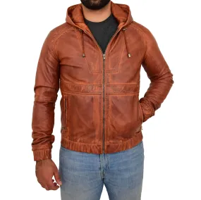 Mens Real Leather Bomber Jacket Hooded Two Tone Kent Tan