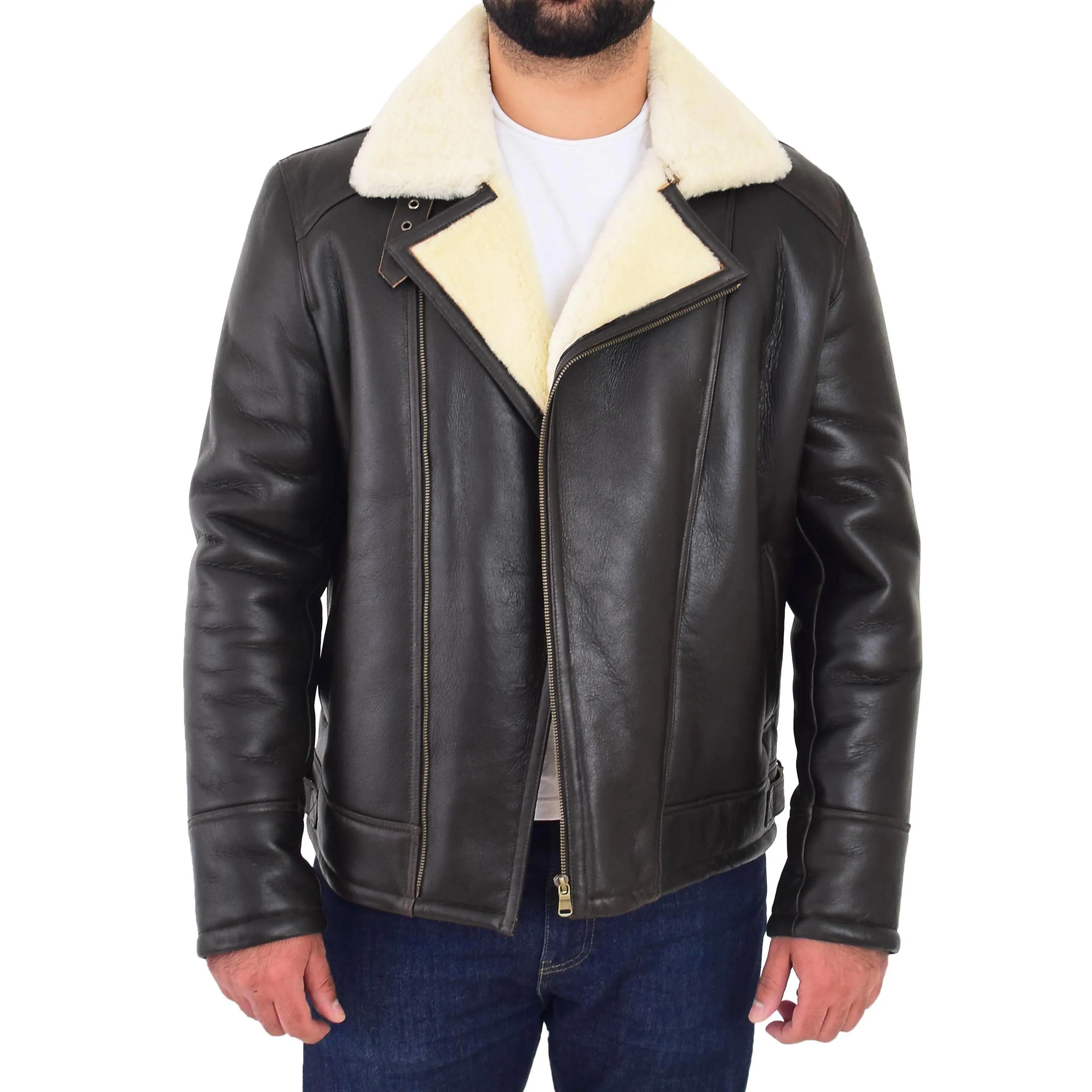 Mens Real Sheepskin Flying Jacket X-Zip Shearling Aviator Bomber Stealth Brown White