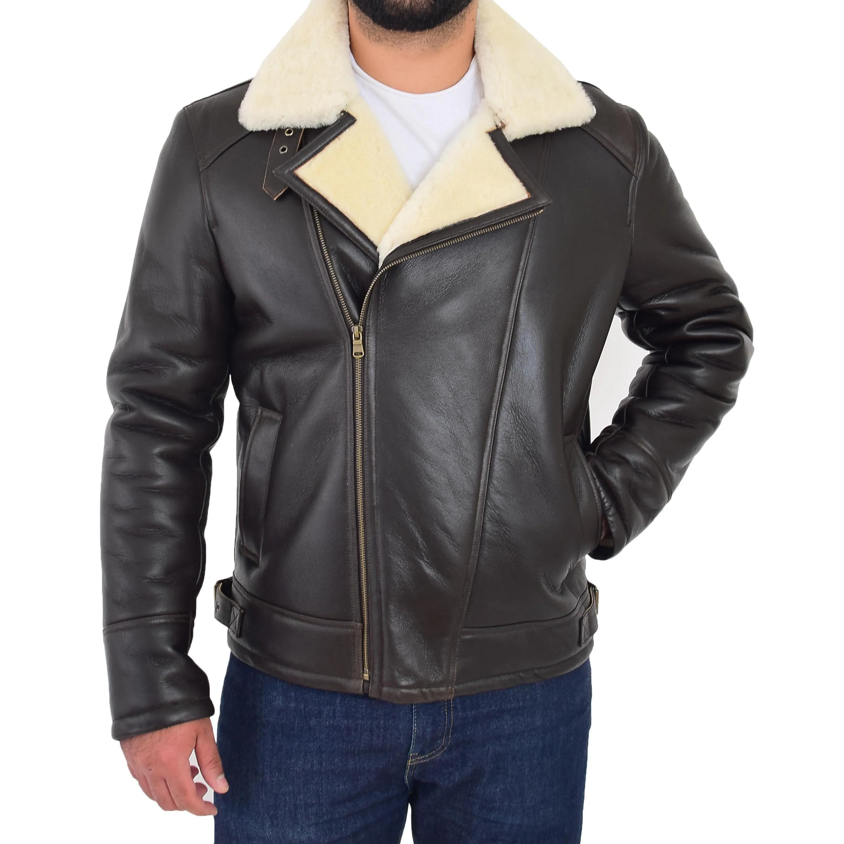 Mens Real Sheepskin Flying Jacket X-Zip Shearling Aviator Bomber Stealth Brown White