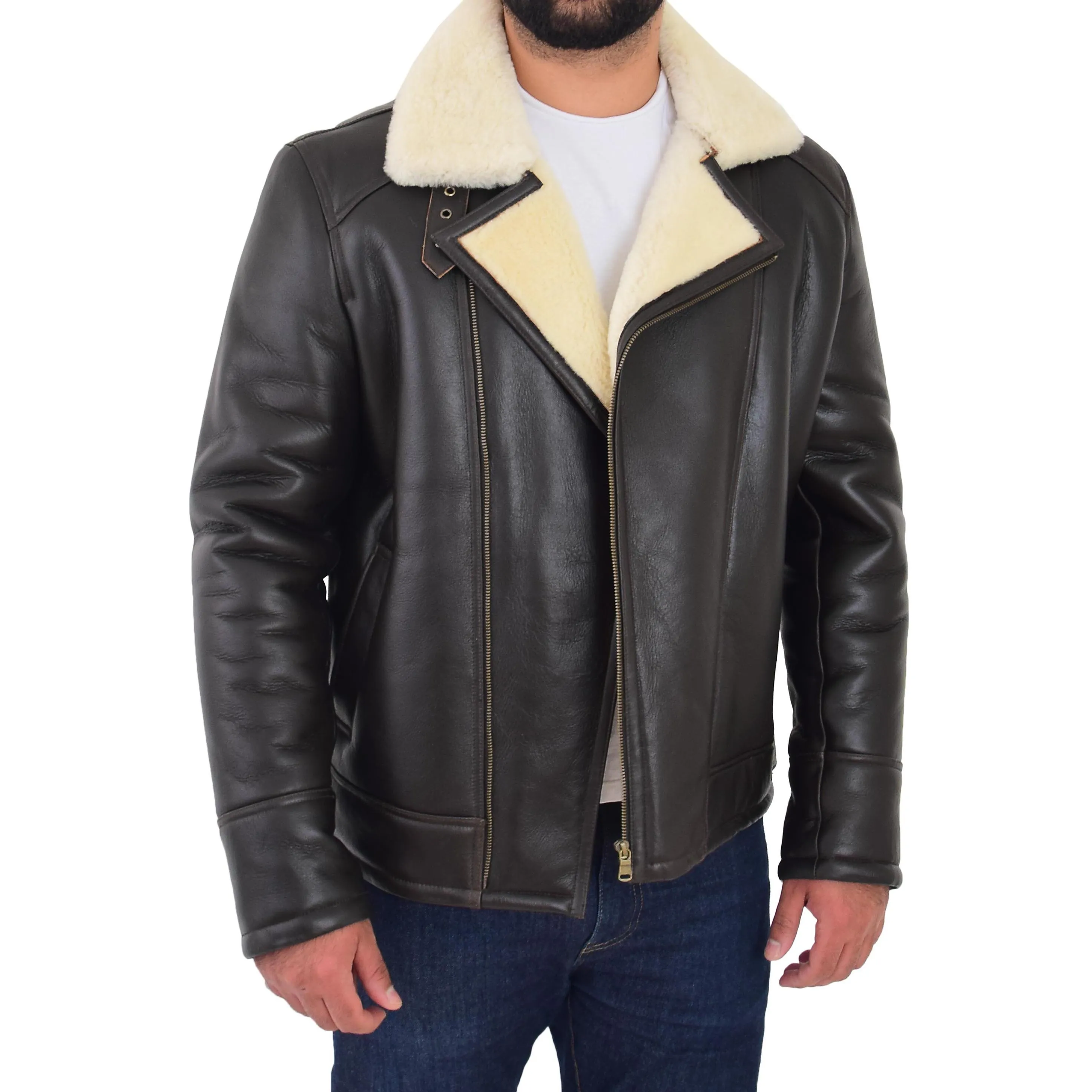 Mens Real Sheepskin Flying Jacket X-Zip Shearling Aviator Bomber Stealth Brown White