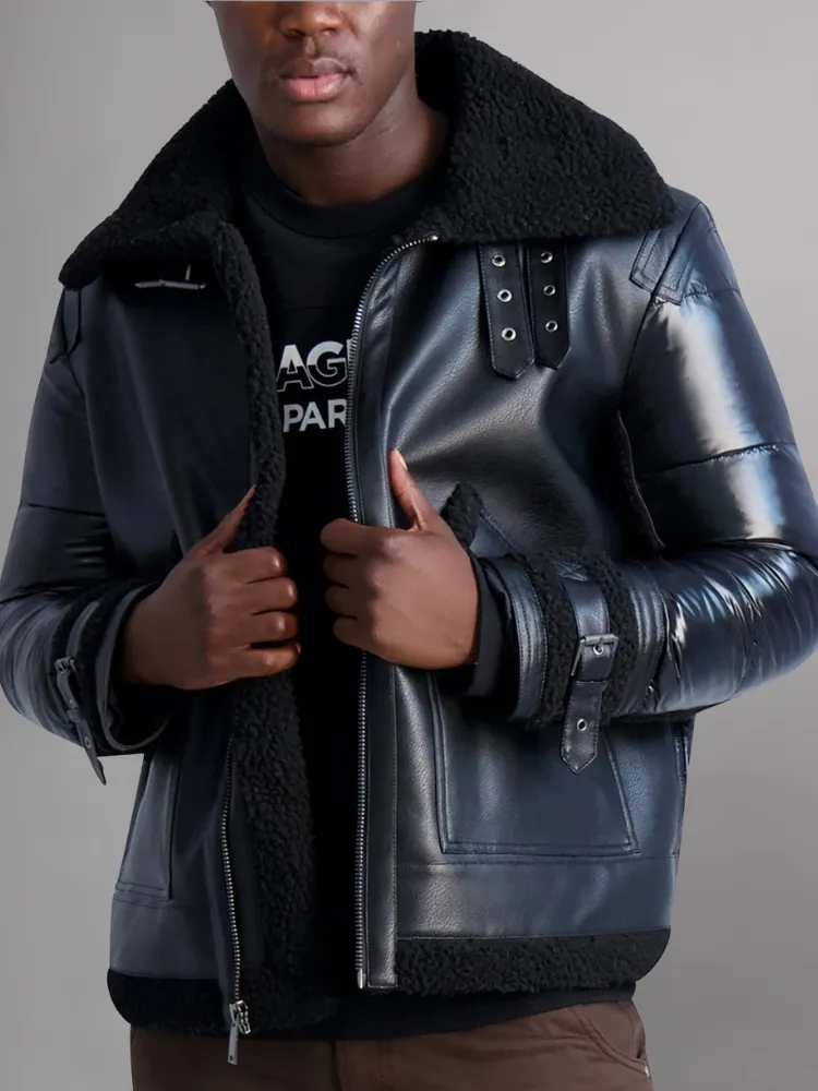 Men's -Shearling Fabric-Black leather Jacket