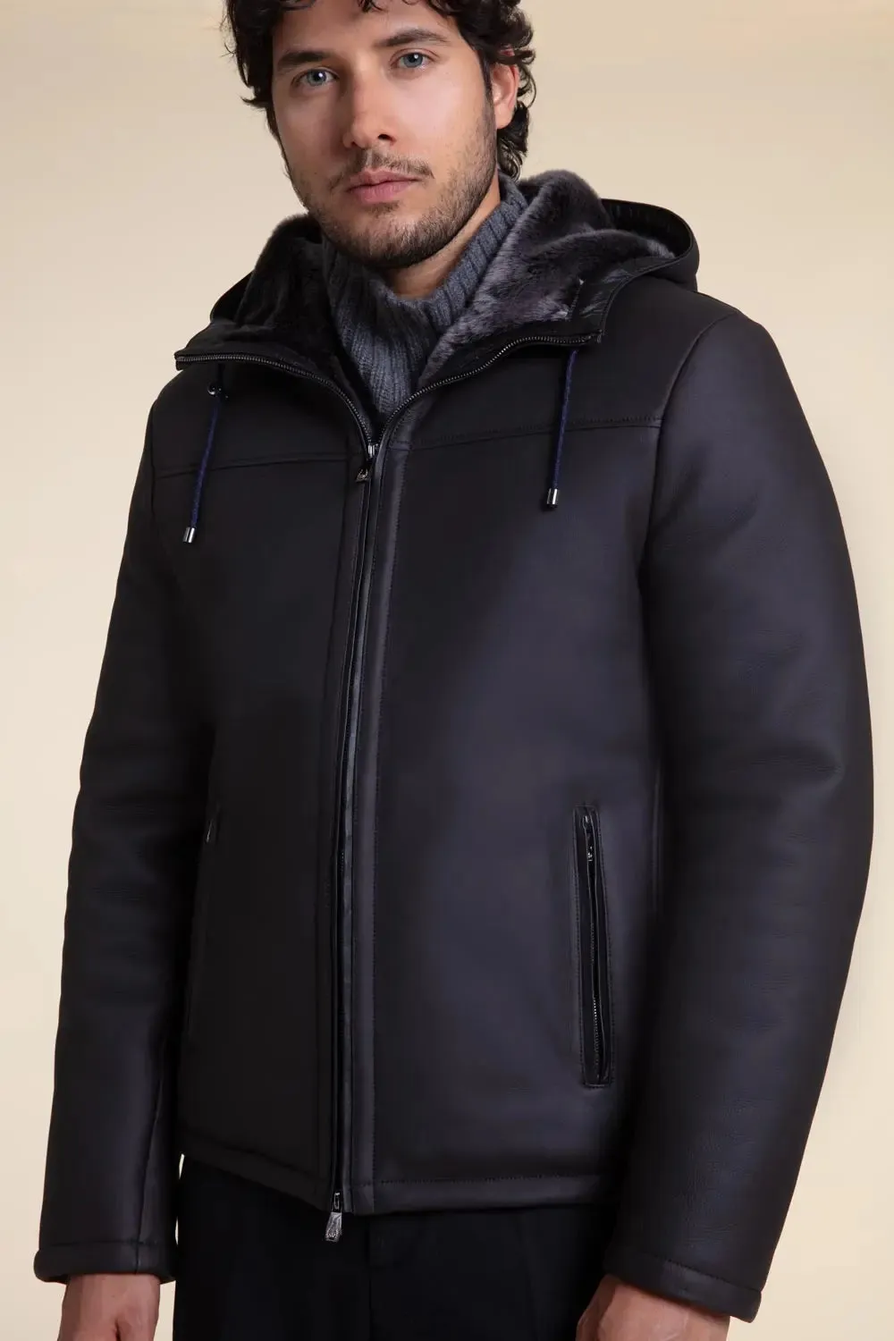 Mens shearling jacket with hood