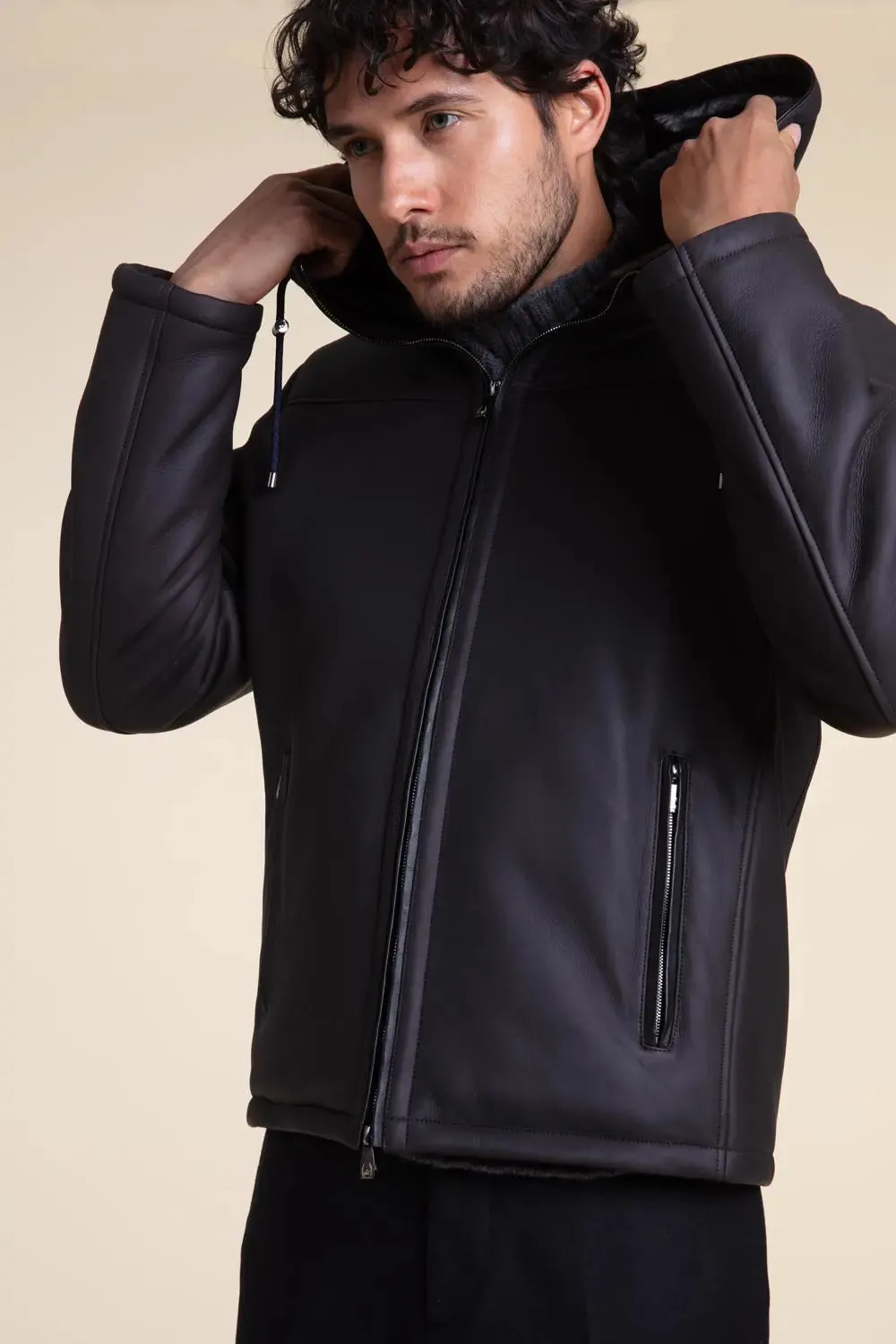 Mens shearling jacket with hood