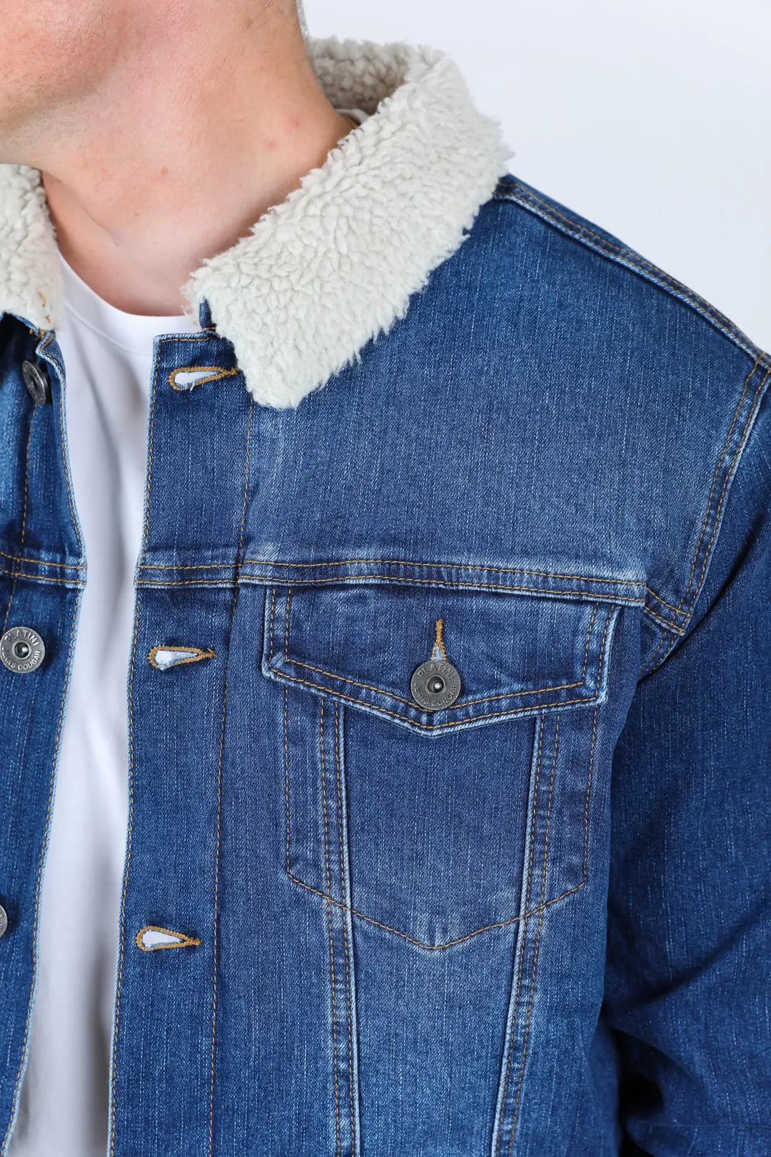 Mens Sherpa Lined Denim Jacket - Dark Blue