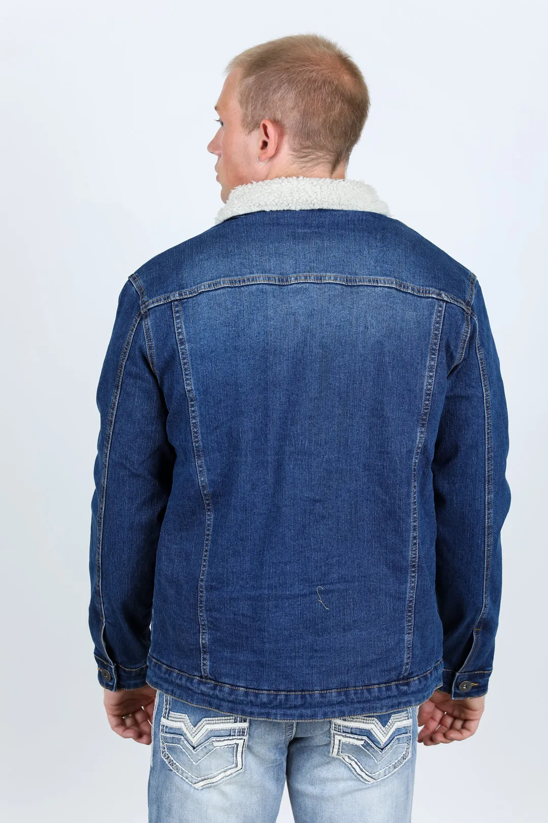 Mens Sherpa Lined Denim Jacket - Dark Blue