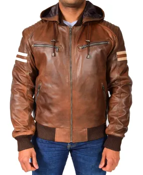 Mens Trendy Cognac Leather Bomber Jacket Fitted Removable Hood Dante