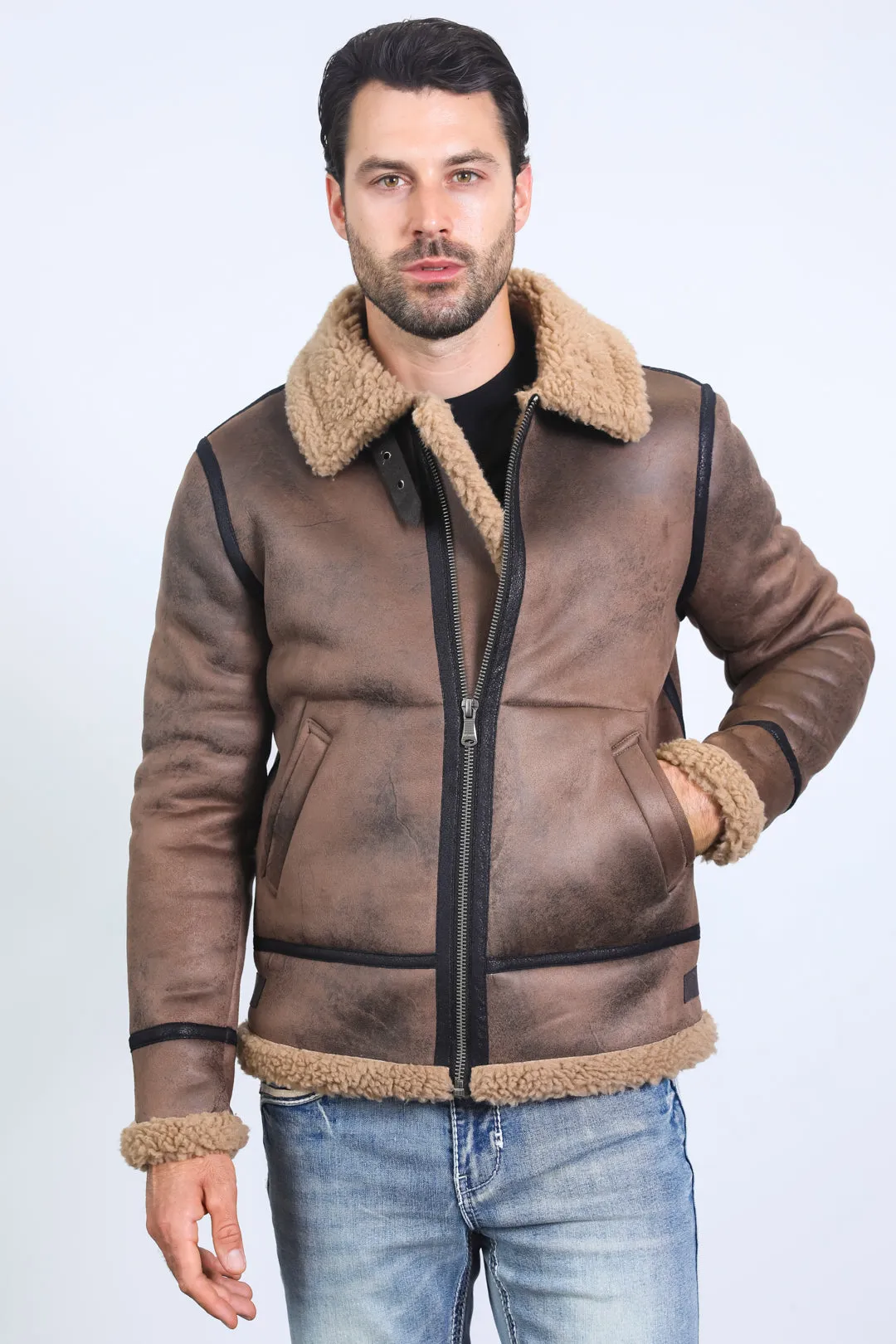 Men's Washed Suede Brown Jacket w/ Faux Shearling-lined