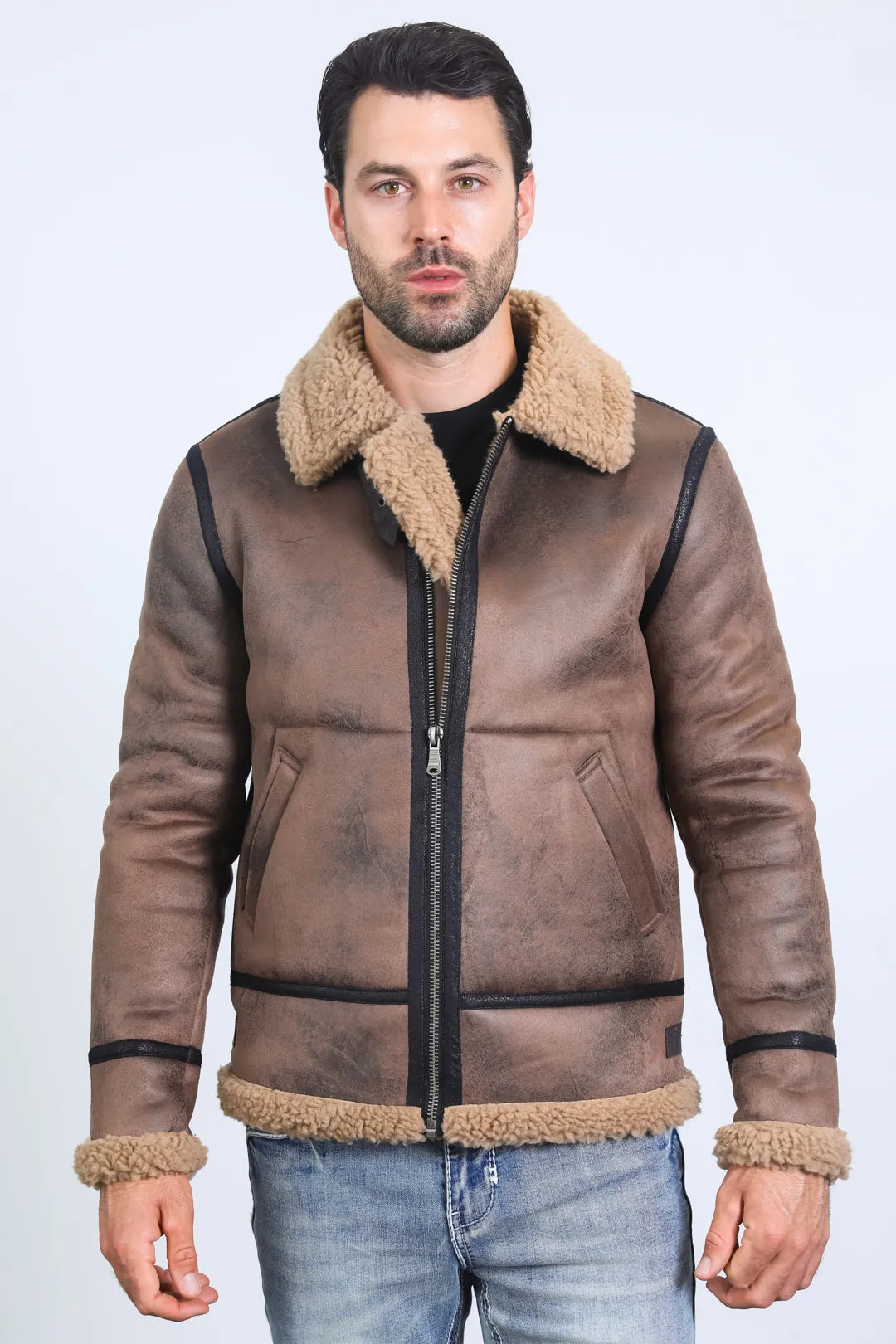 Men's Washed Suede Brown Jacket w/ Faux Shearling-lined