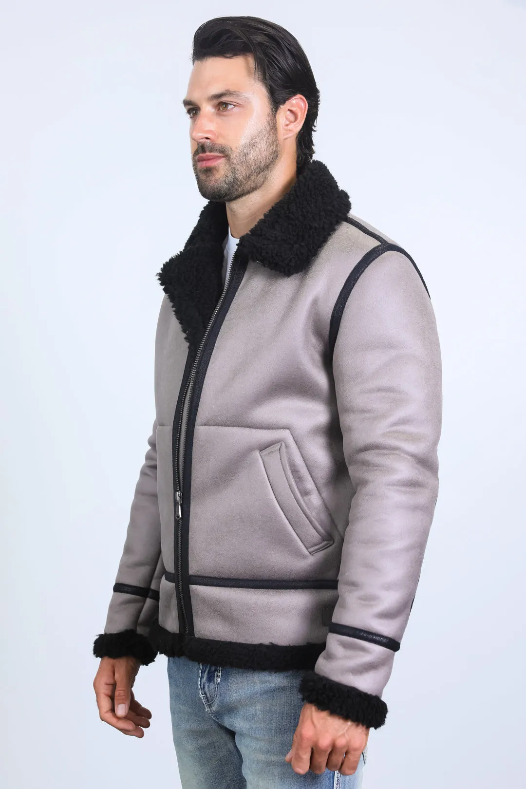 Men's Washed Suede Grey Jacket w/ Faux Shearling-lined