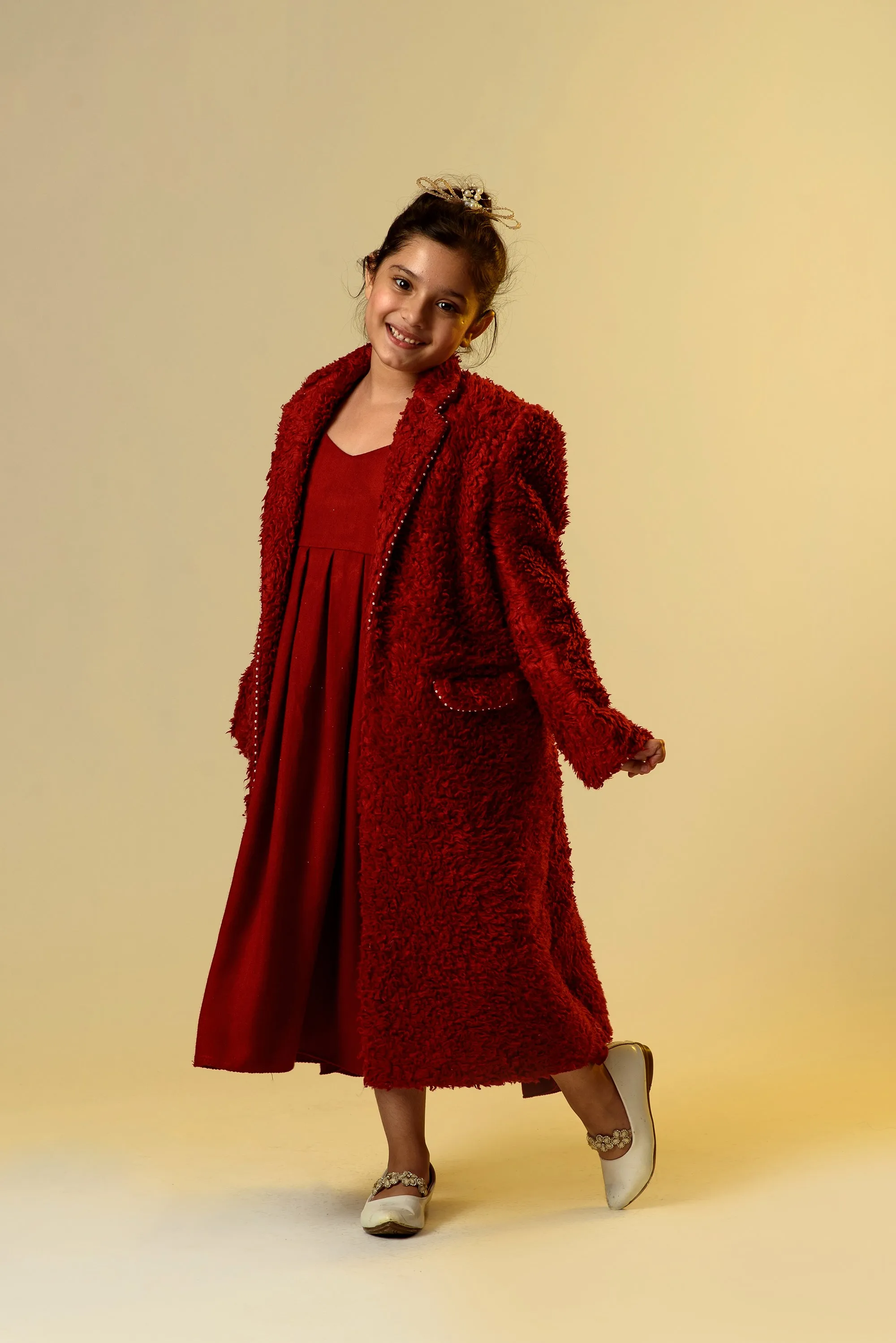 Merry & Bright- Red Organic Sherpa Long Coat With Woollen Dress For Girls