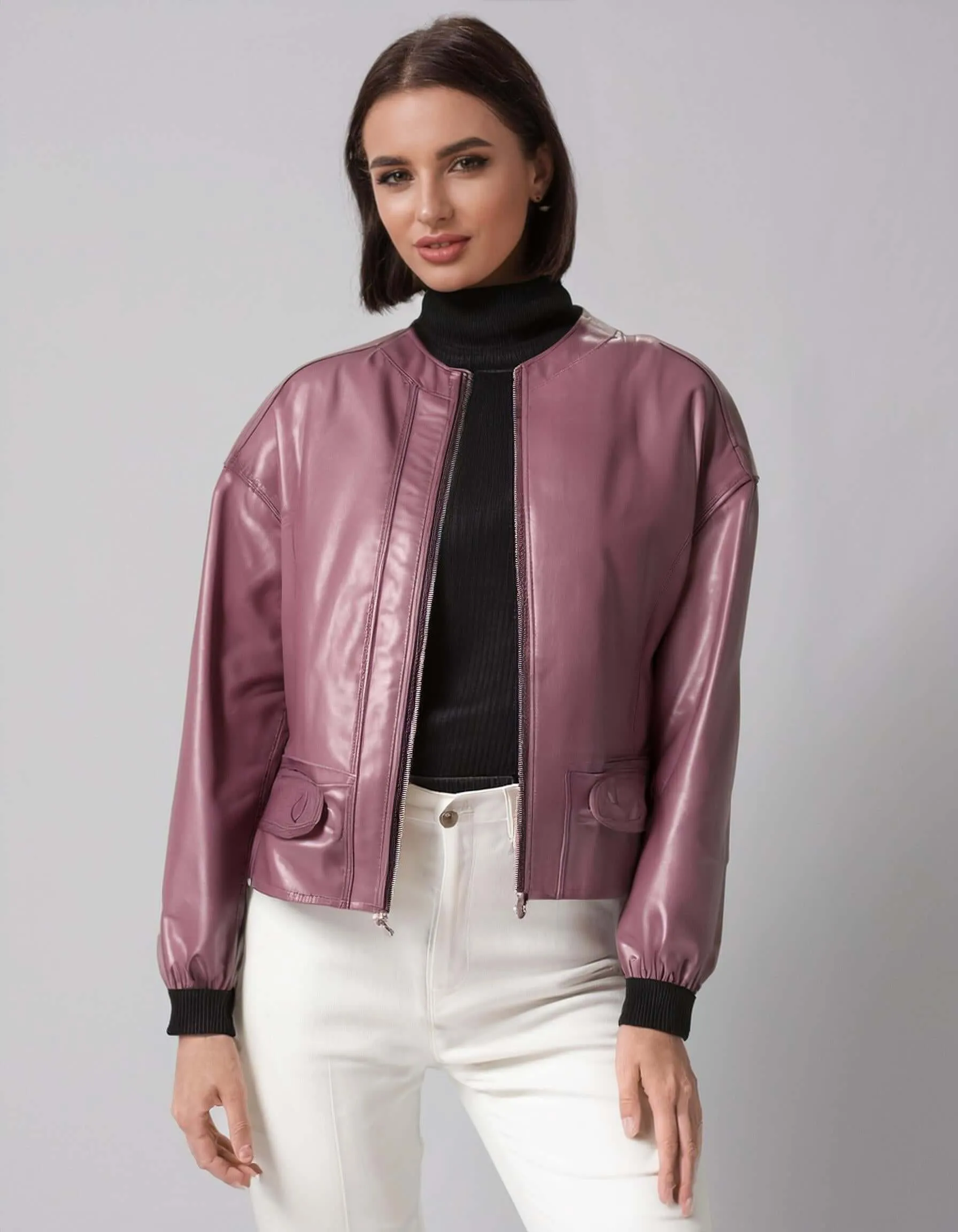 Metallic Plum Bomber Leather Jacket