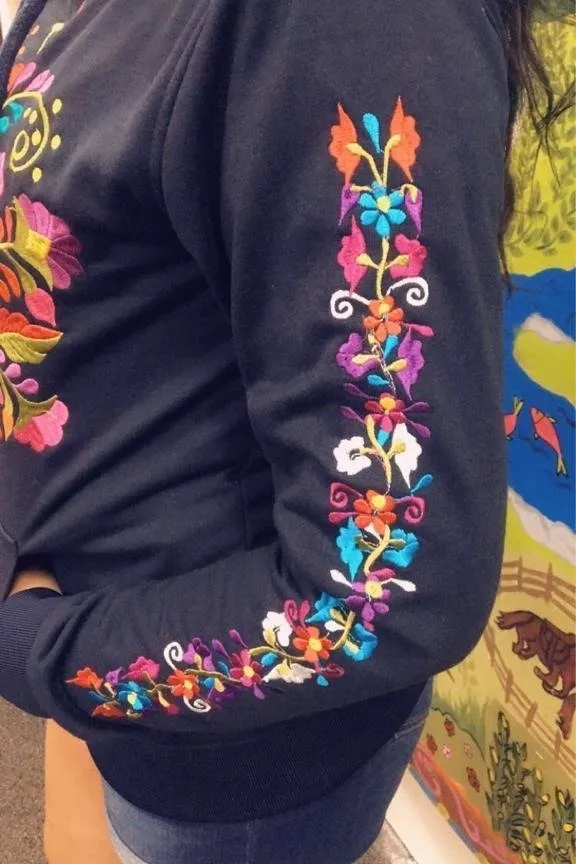 Mexican Floral Embroidered Hoodie Black