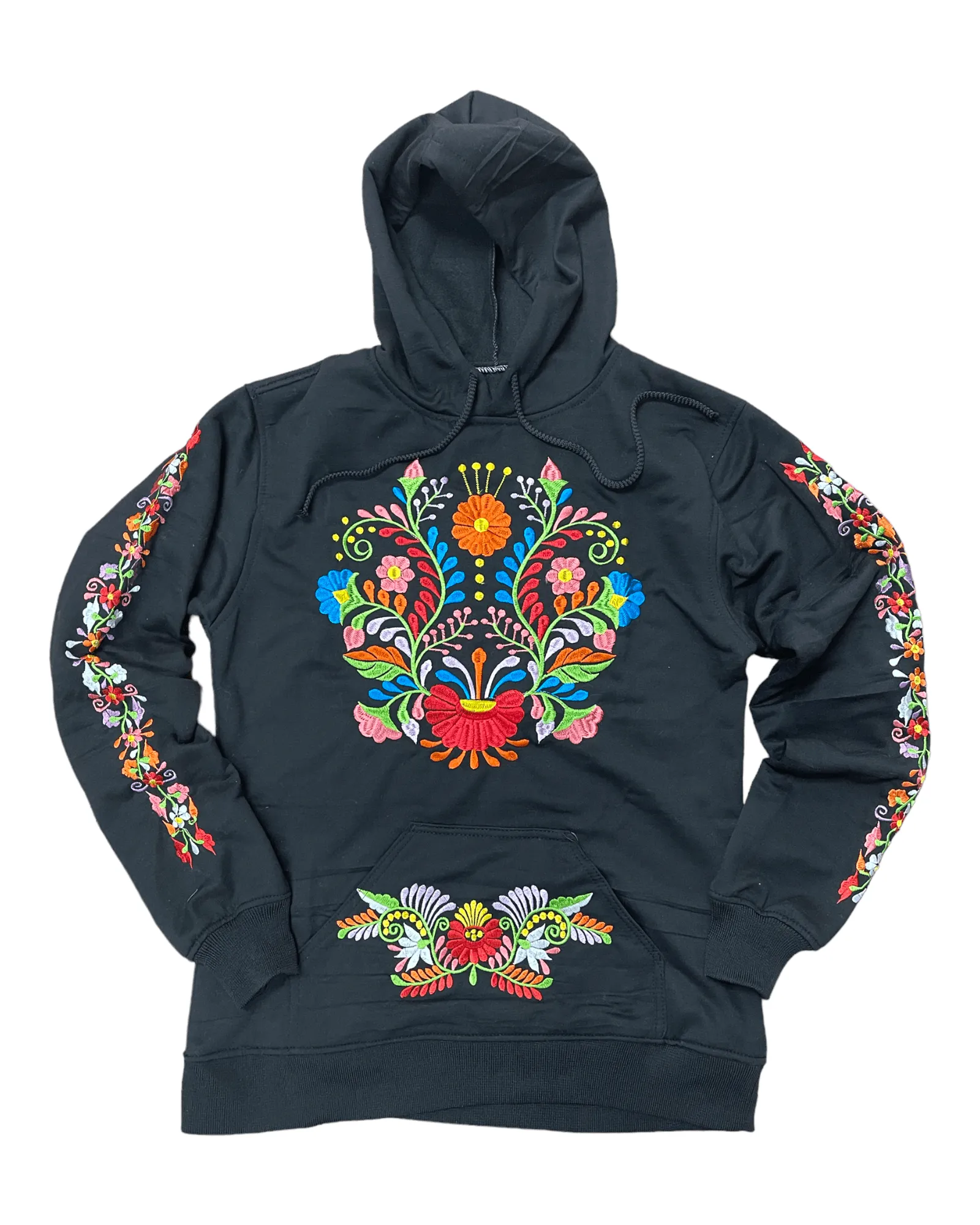 Mexican Floral Embroidered Hoodie Black