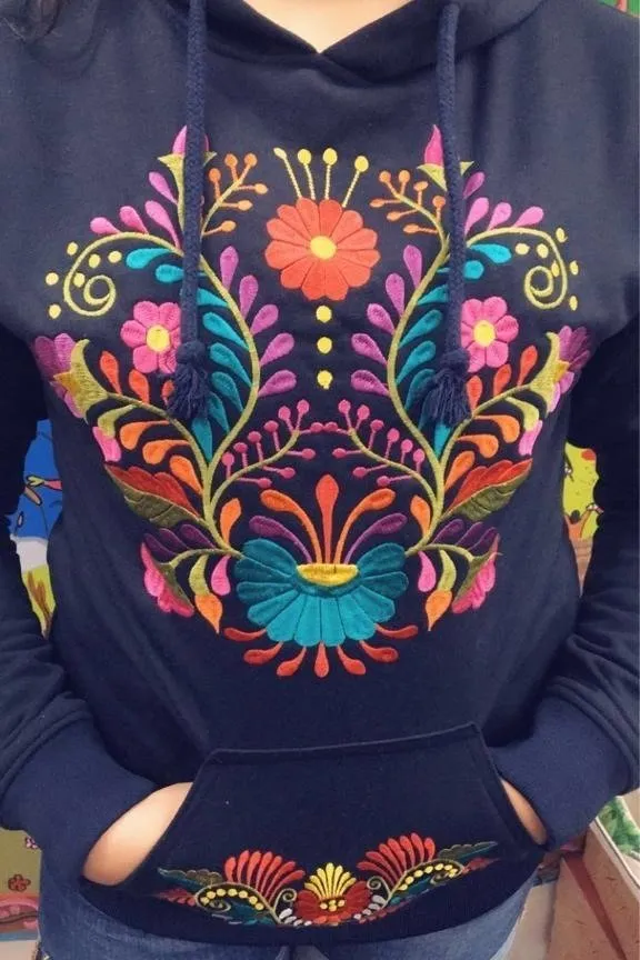 Mexican Floral Embroidered Hoodie Black