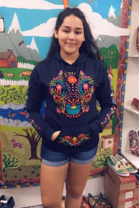 Mexican Floral Embroidered Hoodie Black