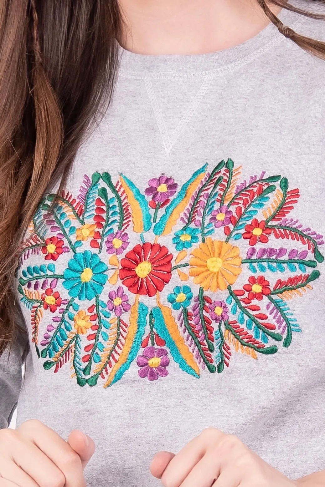 Mexican Floral Embroidered Sweatshirt Grey