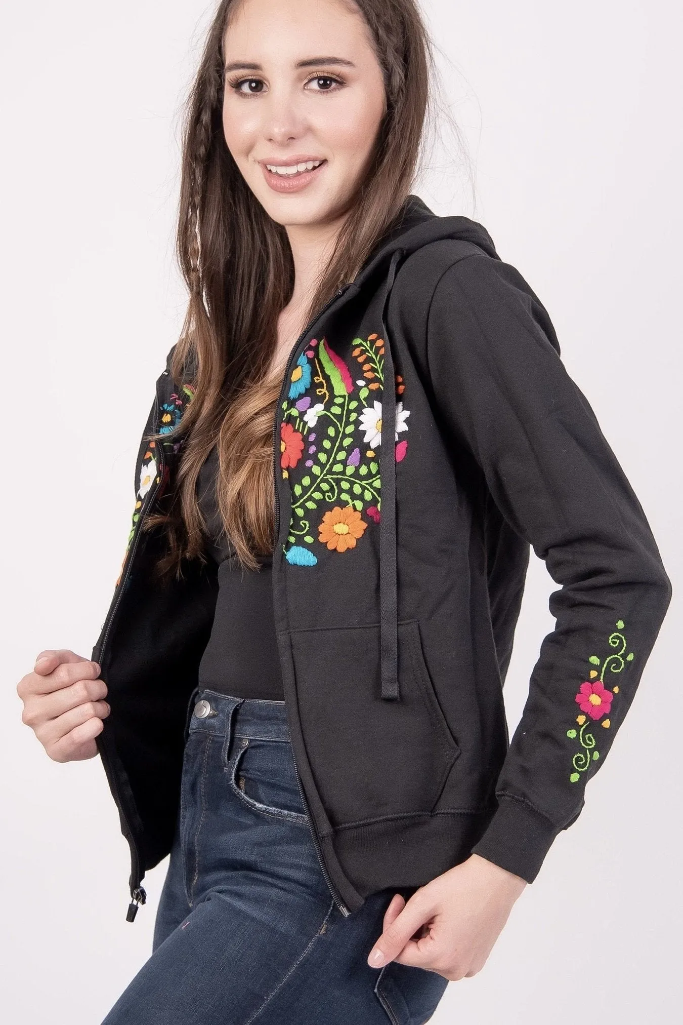 Mexican Handmade Floral Embroidered Zippered Hoodie Black