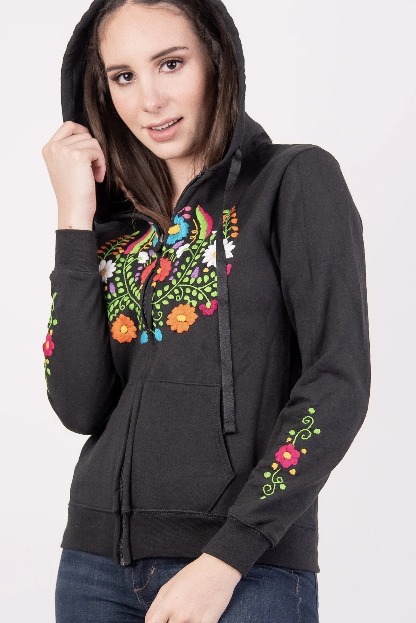 Mexican Handmade Floral Embroidered Zippered Hoodie Black