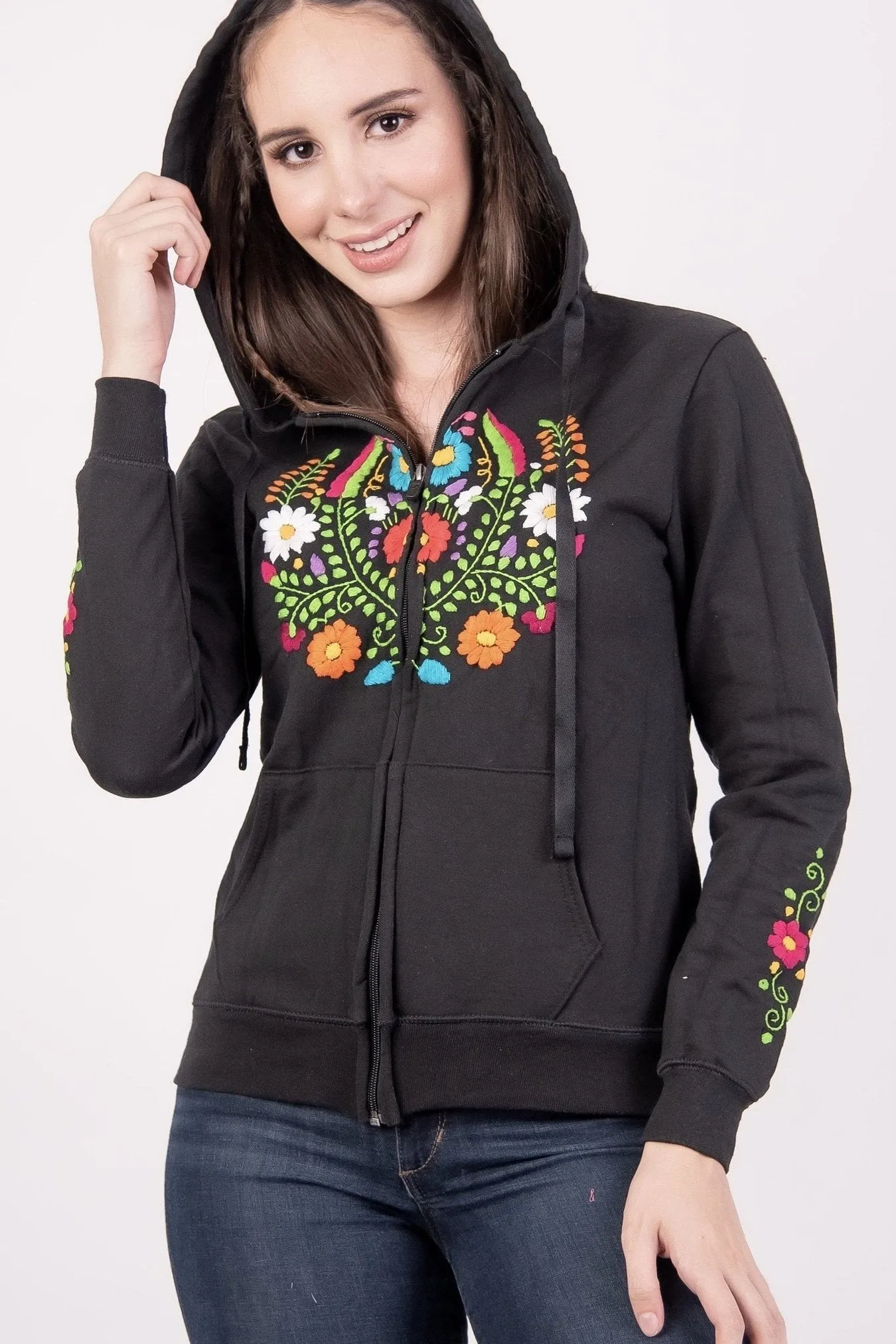 Mexican Handmade Floral Embroidered Zippered Hoodie Black