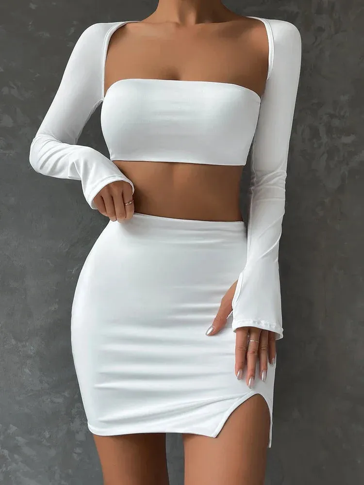 Mini Long Sleeve White Bodycon Suits 2024 Skirts Set Sexy Summer Dress Top Dress