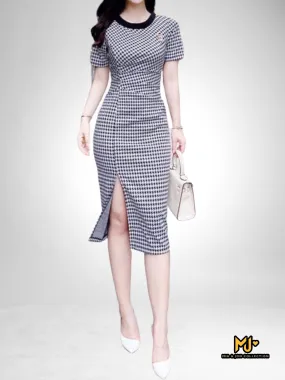 MJV2055 Houndstooth Slit Bodycon Midi Dress