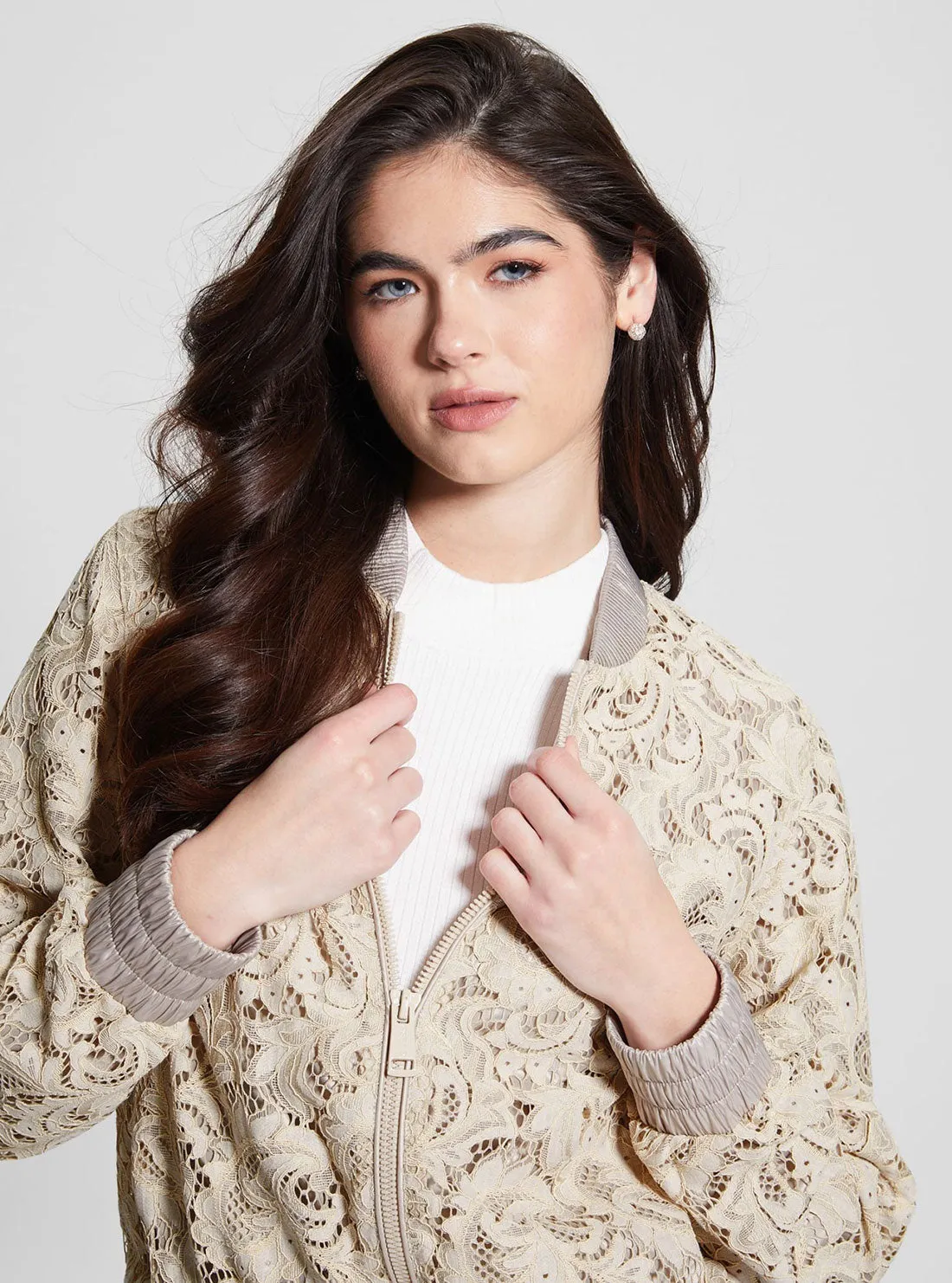 Muted Stone Aisha Lace Bomber Jacket