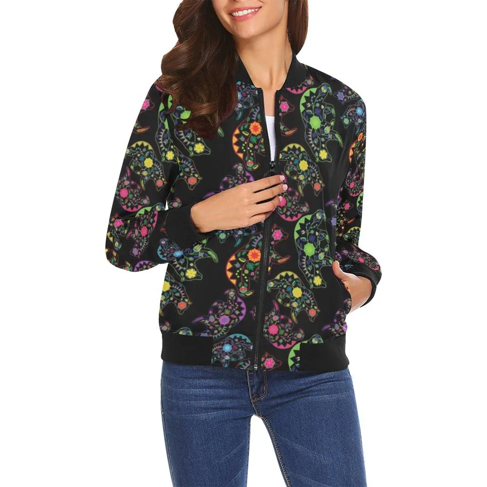 Neon Floral Bears Bomber Jacket for Women