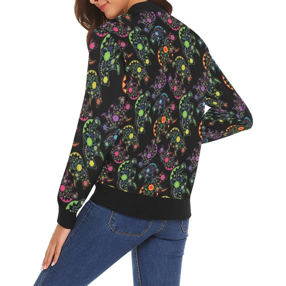 Neon Floral Bears Bomber Jacket for Women