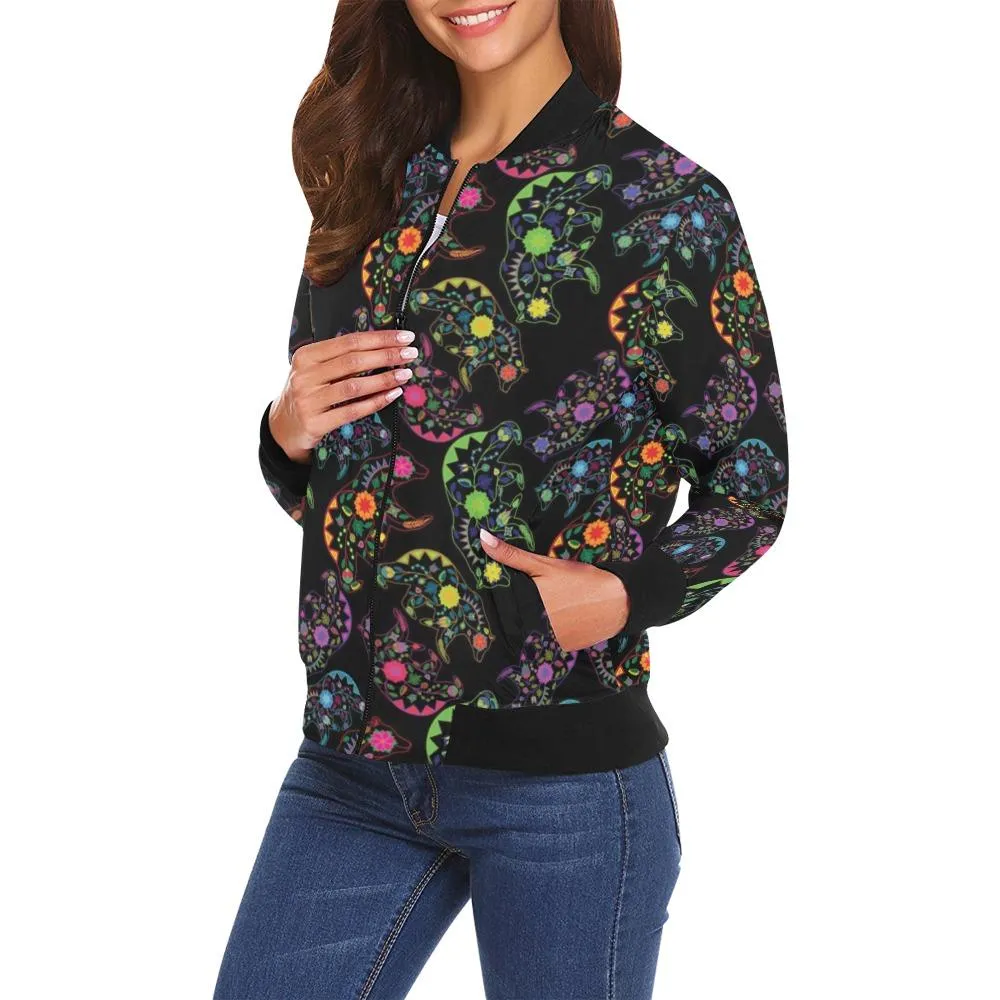 Neon Floral Bears Bomber Jacket for Women