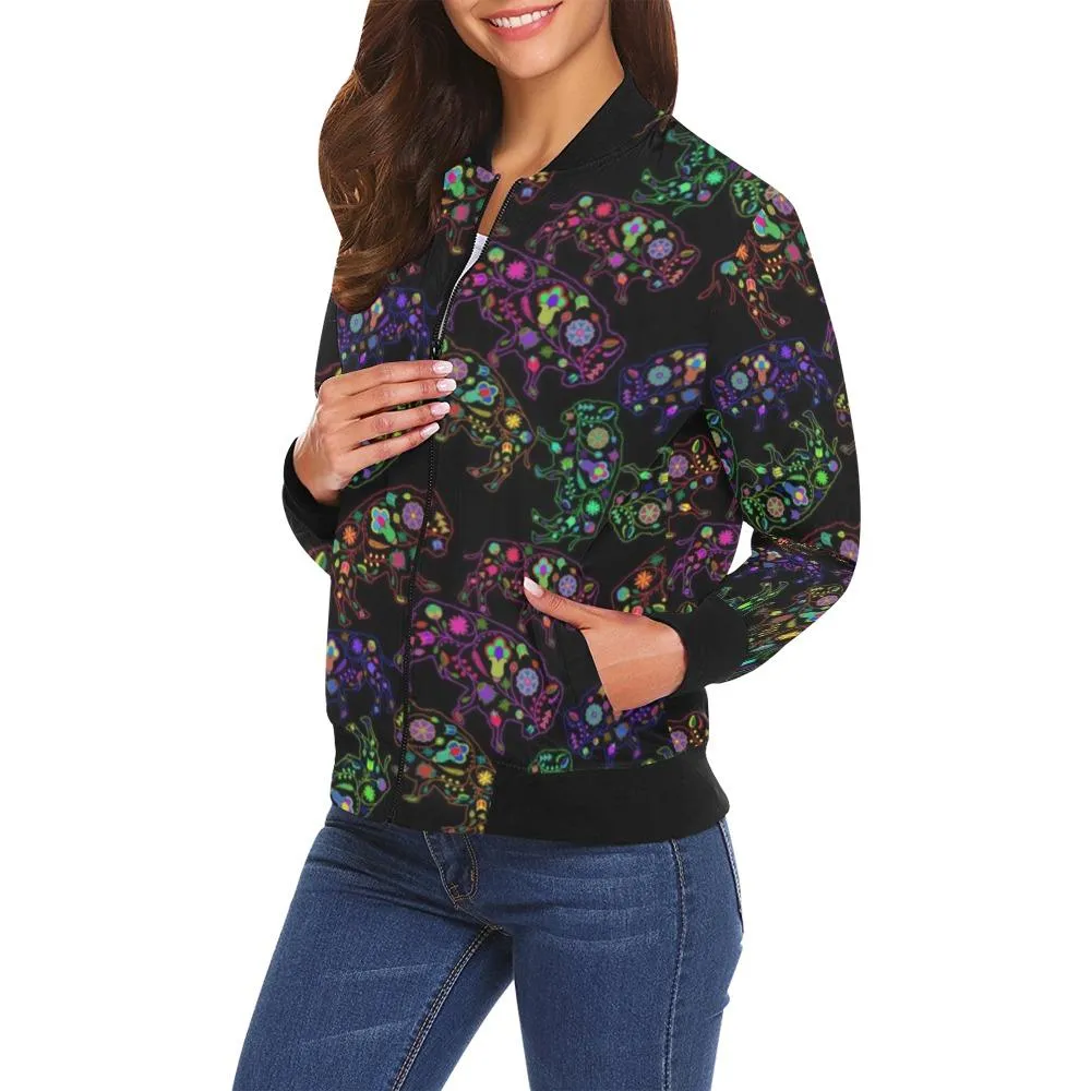 Neon Floral Buffalo Bomber Jacket for Women