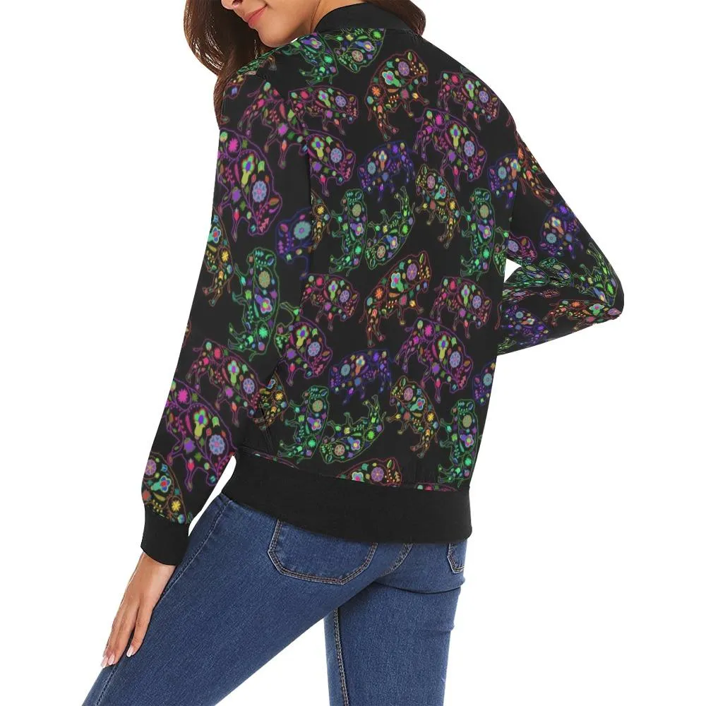 Neon Floral Buffalo Bomber Jacket for Women