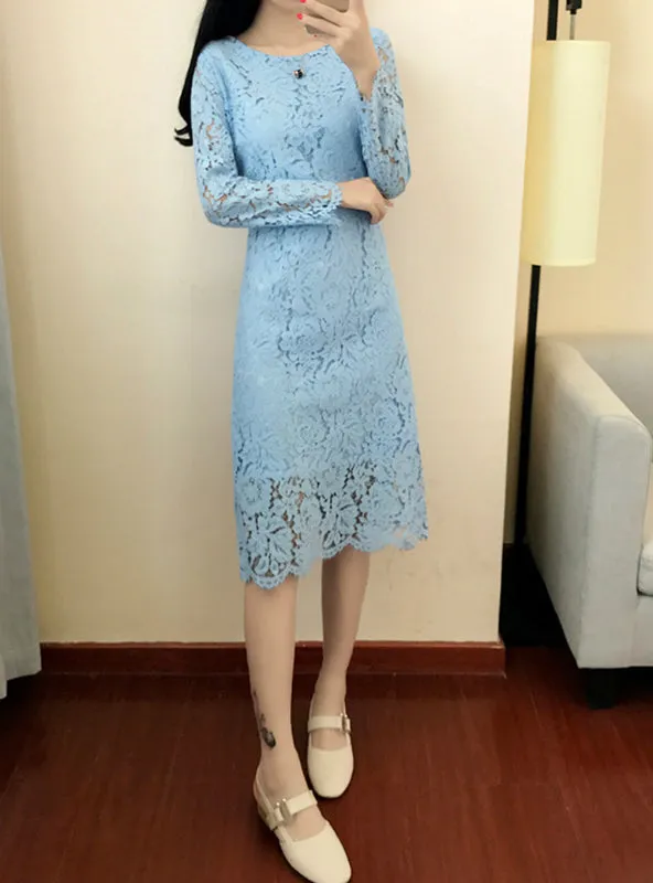 O Neck Long Sleeve Sheath Bodycon Lace Dress