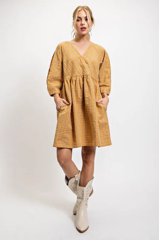 Ochre Plaid V-Neck Dress with Side Pockets