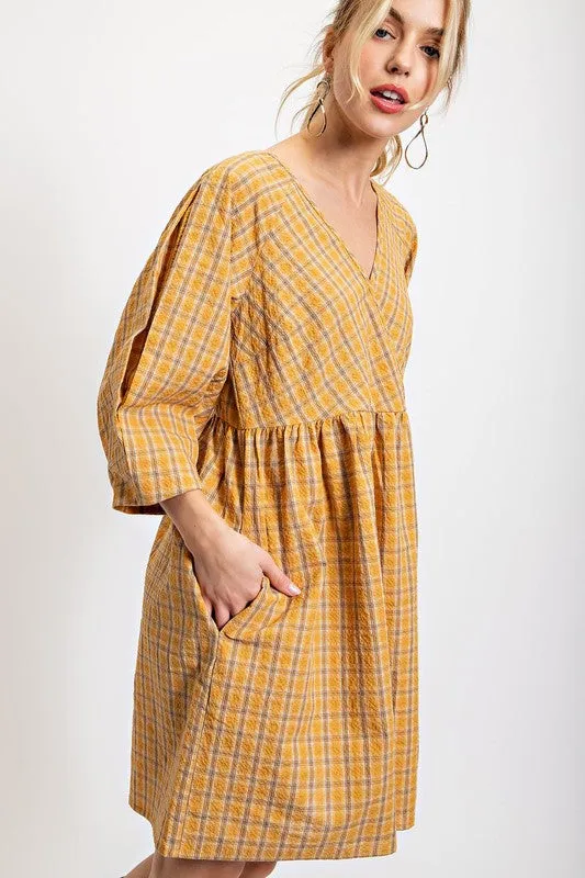 Ochre Plaid V-Neck Dress with Side Pockets