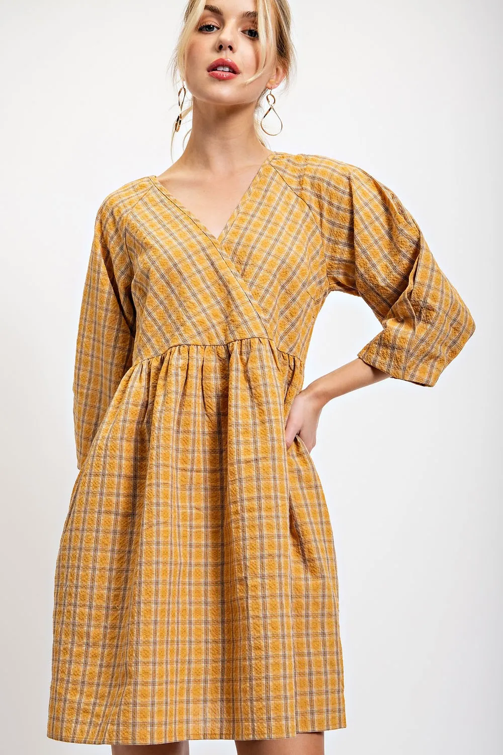 Ochre Plaid V-Neck Dress with Side Pockets