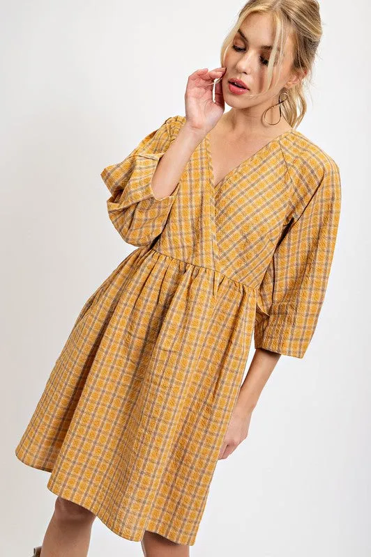 Ochre Plaid V-Neck Dress with Side Pockets