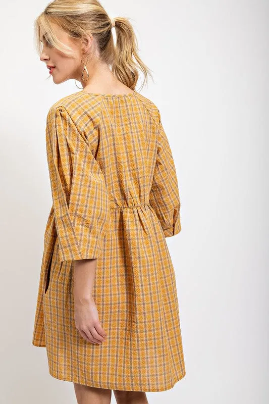 Ochre Plaid V-Neck Dress with Side Pockets