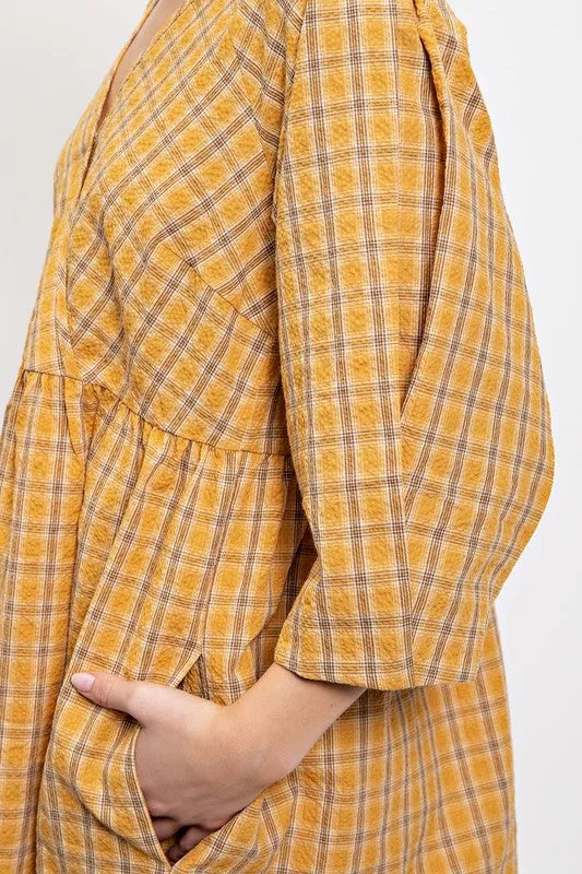 Ochre Plaid V-Neck Dress with Side Pockets