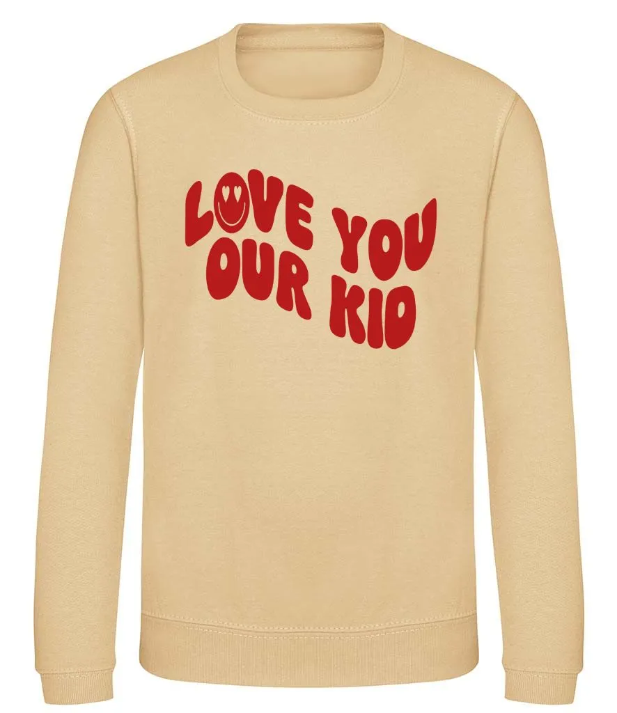 Our Albie ‘Love You Our Kid’ sweatshirt for kids in desert sand