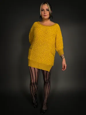 Outfit Set - Fuzzy Mustard Yellow Sweater Dress & Vertical Stripe Tights Indie / Mod Style