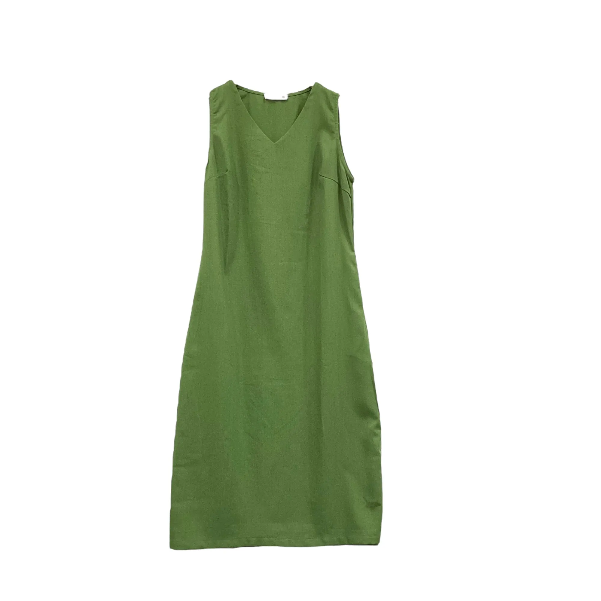 Patch V Neck Sleeveless Cotton Linen Long Dress