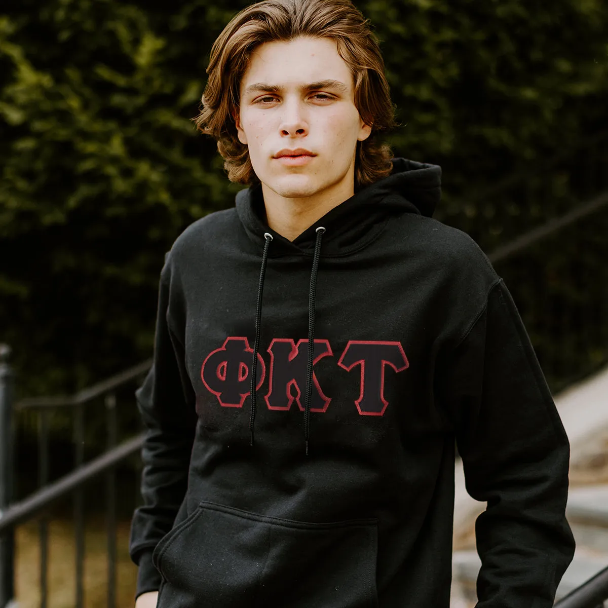 Phi Tau Black Hoodie with Black Sewn On Letters