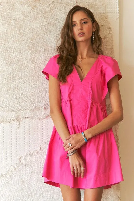 Pink Ruffle Sleeve Tiered Babydoll Dress