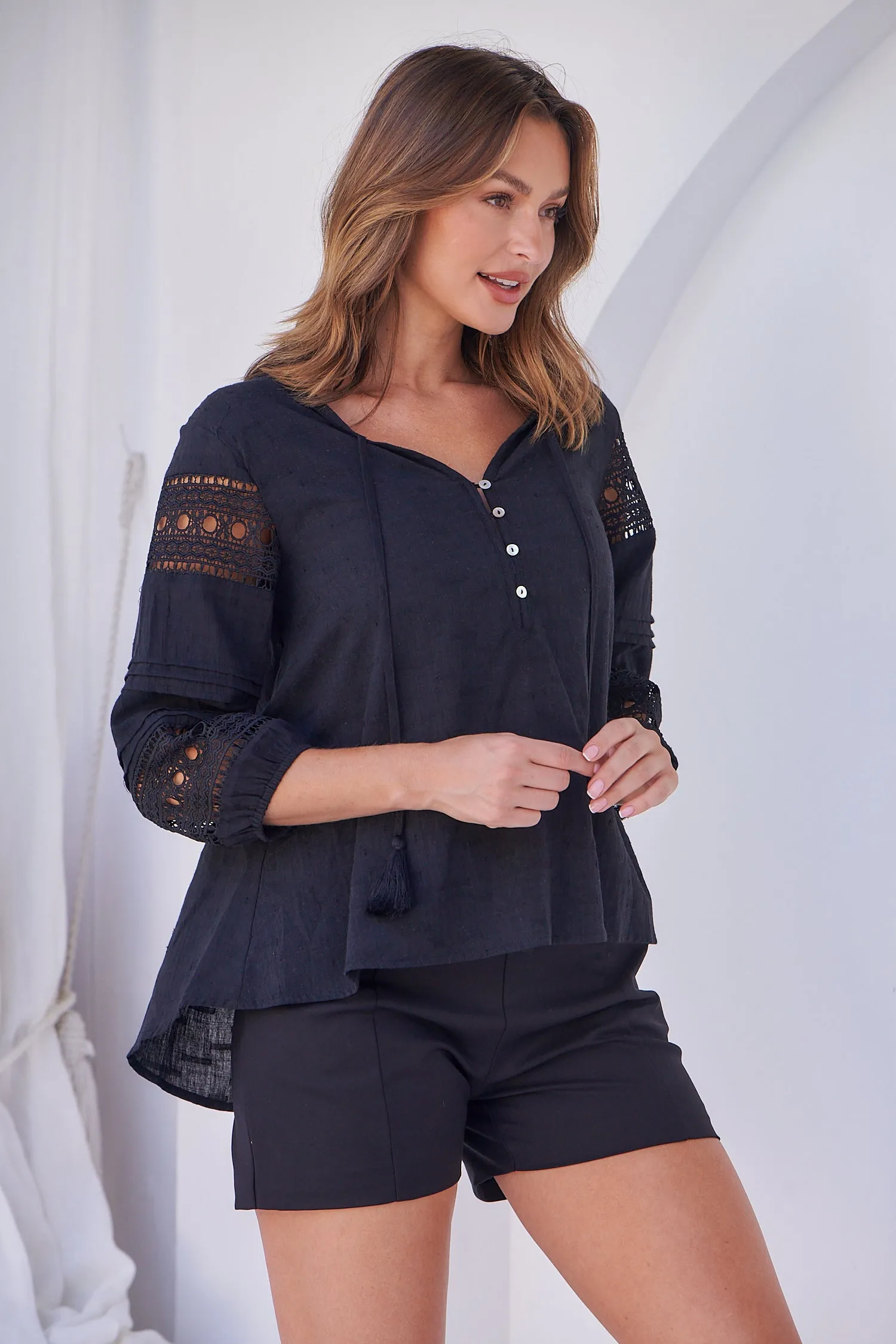 Porter Tassel Black Long Sleeve Top